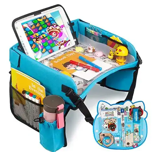 [New Version] Car Seat Organizer Kids Travel Tray for Kids Toddlers Activities in Car Seat, Stroller, Airplane | Touch Screen iPad Holder | Waterproof Dry Erase Top | Side Pocket & Water Bottle Holder