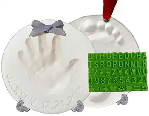 Baby Handprint Footprint Keepsake Ornament Kit (Makes 2) - Bonus Stencil for Personalized Christmas, Newborn, New Mom & Shower Gifts. 2 Easels! Non-Toxic Clay, Air-Dries Light & Soft, Won