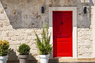 Puerta roja y plantas en macetas en la entrada.