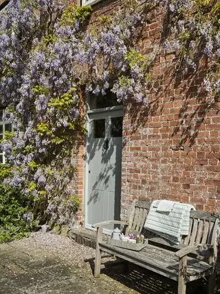 Wisteria creciendo en una casa de ladrillo sobre la puerta de entrada junto al banco