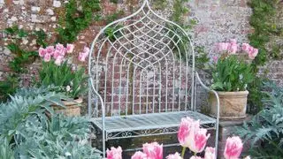 banc de jardin et tulipes
