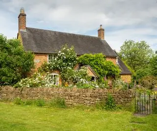 Ein von grünen Feldern umgebenes Ferienhaus mit einem wilden Bauerngarten