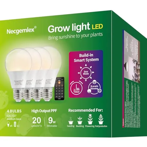 Necgemlex Lot de 4 ampoules LED intelligentes avec télécommande, mode simulation du soleil, minuterie automatique intégrée A21/a70 E26/e27 9 W, intensité variable, spectre complet, pour plantes d'intérieur' loading='lazy' title=