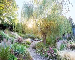 Großer Garten im mediterranen Stil mit Bäumen, rosa Blumen und Pflanzen