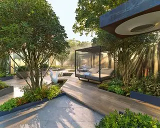 Moderner, futuristischer Garten mit Steinpflaster, Holzterrasse, Glasgebäuden, Bäumen und Pflanzgefäßen