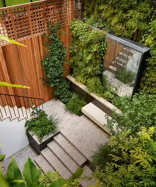 Kleiner Garten mit markantem vertikalen Design, Spiegeltüren, Pflanzenwand, Holzvertäfelung, Ziegelstufen, Pflanzgefäßen