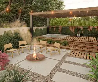 pátio com banheira de hidromassagem sob uma pérgula de madeira