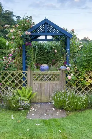 Trellis havelåge og hegn, med pergola og klatreroser og vinstokke