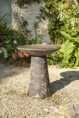banho de pedra para pássaros em um jardim de casa de campo