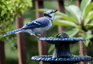 banho de pássaros com fonte no jardim com gaio azul