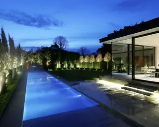piscina em jardim contemporâneo com iluminação