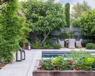 Un ejemplo de ideas para el patio trasero con piscina que muestra el paisajismo de la piscina utilizando linternas, camas elevadas y muebles de exterior.