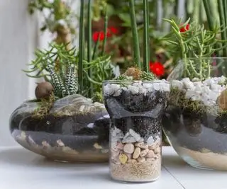 Warstwy kamienia, piasku i gleby w podstawie terrarium