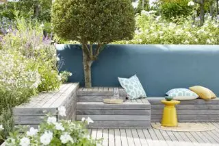 Design af en gårdhave med lagdelt terrasse, sat mod en blå væg, gult og blåt tilbehør og lille træ.