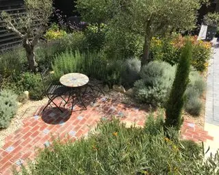 Beplantning taget med, når man designer en terrasse, med oliventræer og buskede urter omkring en muret terrasse med bistrobord og stole.