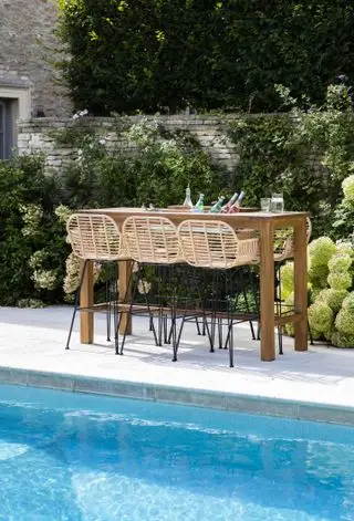 Barhocker aus Korbgeflecht und schwarzem Metall zwischen einem Swimmingpool und einem Hortensienbeet, die Ideen für Terrassenmöbel im Freien veranschaulichen.