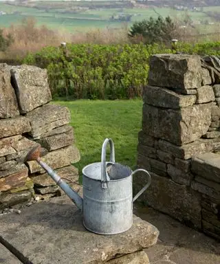 Un arrosoir sur un rebord en pierre à la campagne