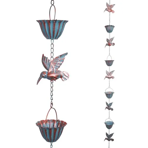 Catene di pioggia di jiadexin per grondaie catene di pioggia da 8,8 piedi con 8 tazze e amp; 9 Hummingbird decorazioni per la raccolta di botti per raccogliere l'acqua piovana dalle estensioni dell'indicotta della grondaia' loading='lazy' title=