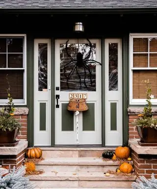 Ideias de decoração de porta de Halloween com uma grande aranha sobre a porta, com correias falsas nas portas e janelas laterais e abóboras nos degraus