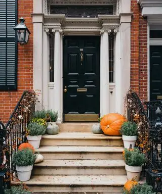 Ideias de decoração de portas de Halloween com abóbora verde e laranja nos degraus, intercaladas com vasos de plantas e galhos de algodão e salgueiro nas grades