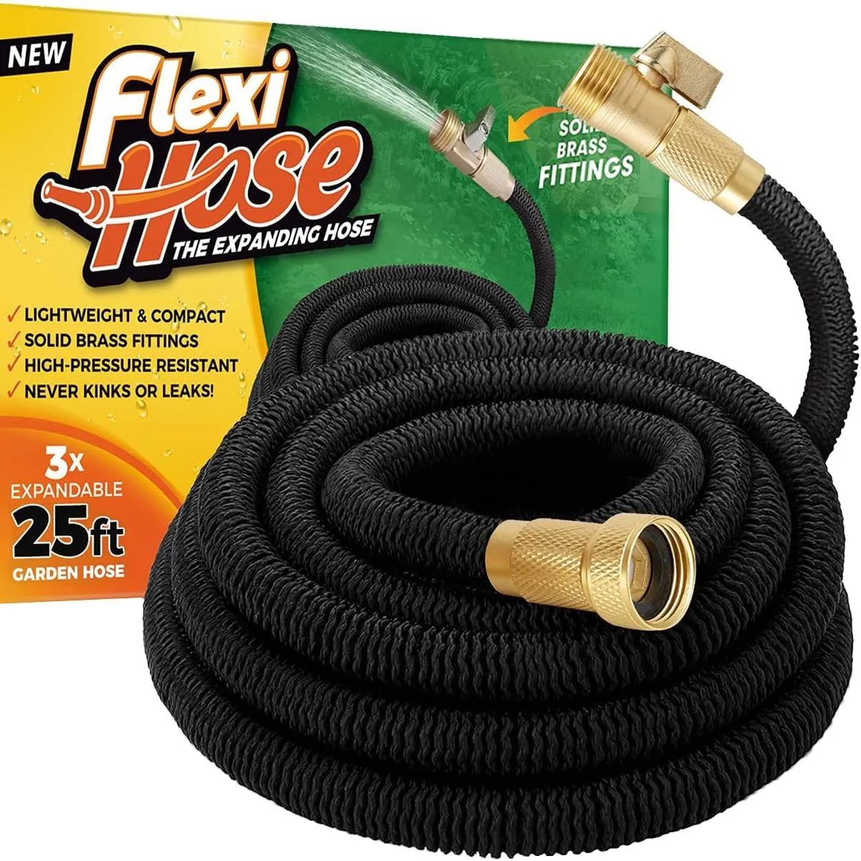 Flexi-Schlauch, leichter, erweiterbarer Gartenschlauch, knickfreie Flexibilität, 3/4 Zoll massive Messingbeschläge und doppelter Latexkern (25 Fuß, Schwarz)' loading='lazy' title=