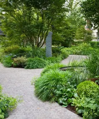 Camino curvo de piedra en un exuberante jardín