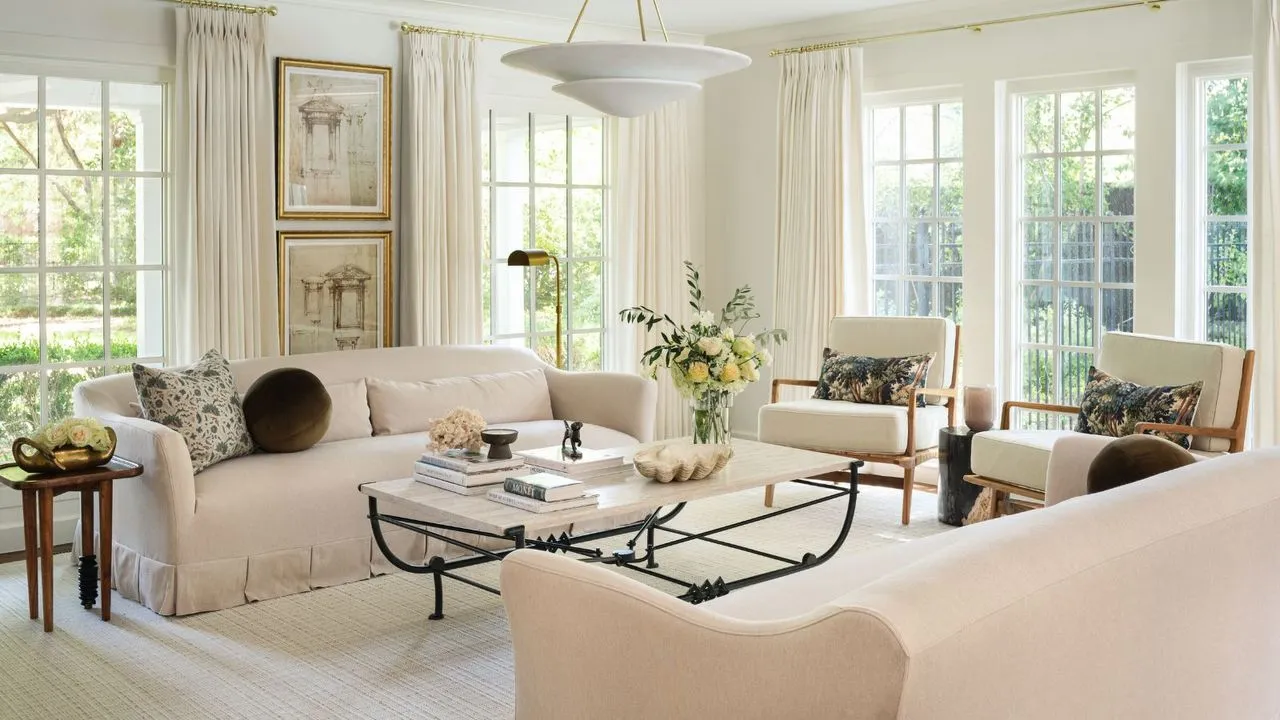 varm minimalistisk stue med all nøytral innredning et smijern salongbord lenestoler med løvverk trykte puter og en skjørt sofa' loading='lazy' title=