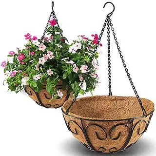 Paquete de 2 cestas colgantes de metal con forro de fibra de coco, cadena de alambre redondo, soporte para plantas, colgador de macetas, decoración de jardín, decoración de porche, cestas colgantes de riego para interiores y exteriores (forma de mariposa)
