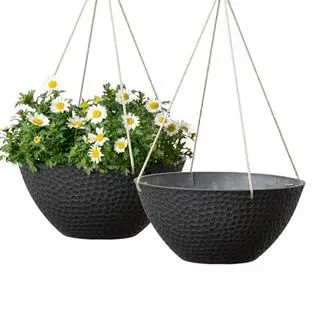 La Jolie Muse Macetas colgantes para plantas de exterior, macetero colgante grande con agujeros de drenaje, macetas colgantes para exteriores, negro mate, panal (13,2 pulgadas, juego de 2)