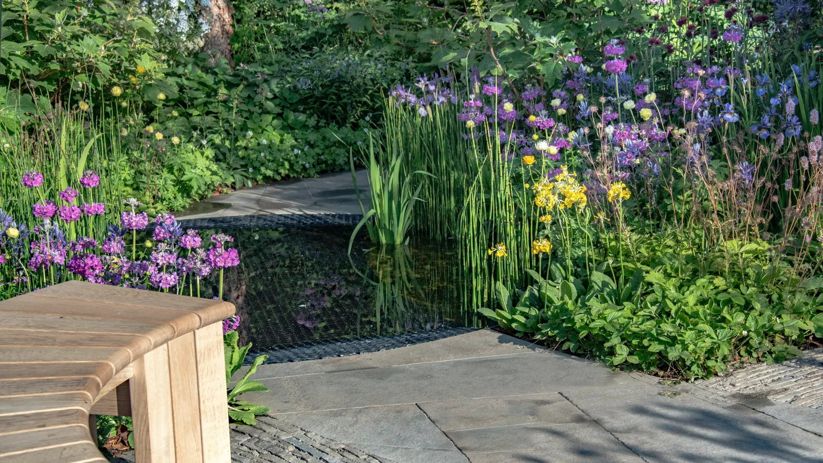 פרחים סגולים וצהובים בגבול סביב בריכה עגולה' loading='lazy' title=