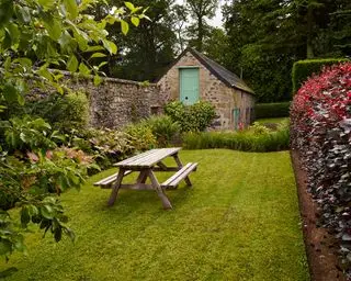 Aiuole profonde accanto a un prato con tavolo da picnic che mostrano come pianificare un piccolo schema di piantumazione del giardino.