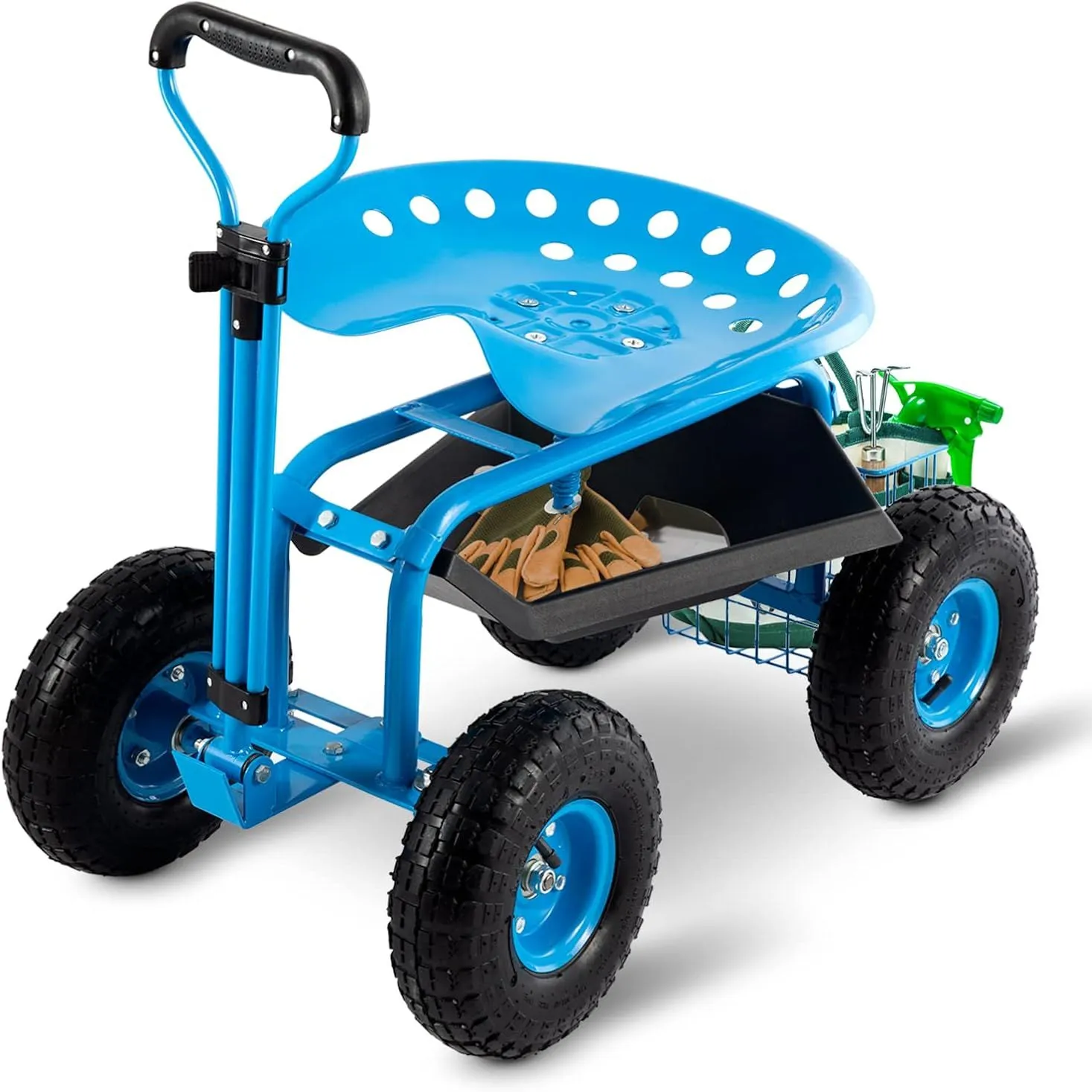 Pojazdný záhradný vozík s pracovným sedadlom – ťažký skúter s rukoväťou a úložným priestorom Záhradná stolička otočná o 360 stupňov pre seniorov Záhradný vozík na kolieskach modrej' loading='lazy' title=