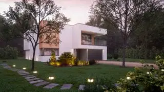 Moderne Luxusvilla im Wald im Morgengrauen.
