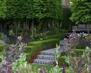 Jardín en terrazas con escalones de adoquines de piedra natural, rodeado de setos bajos de hoja perenne, árboles topiarios y plantas perennes.