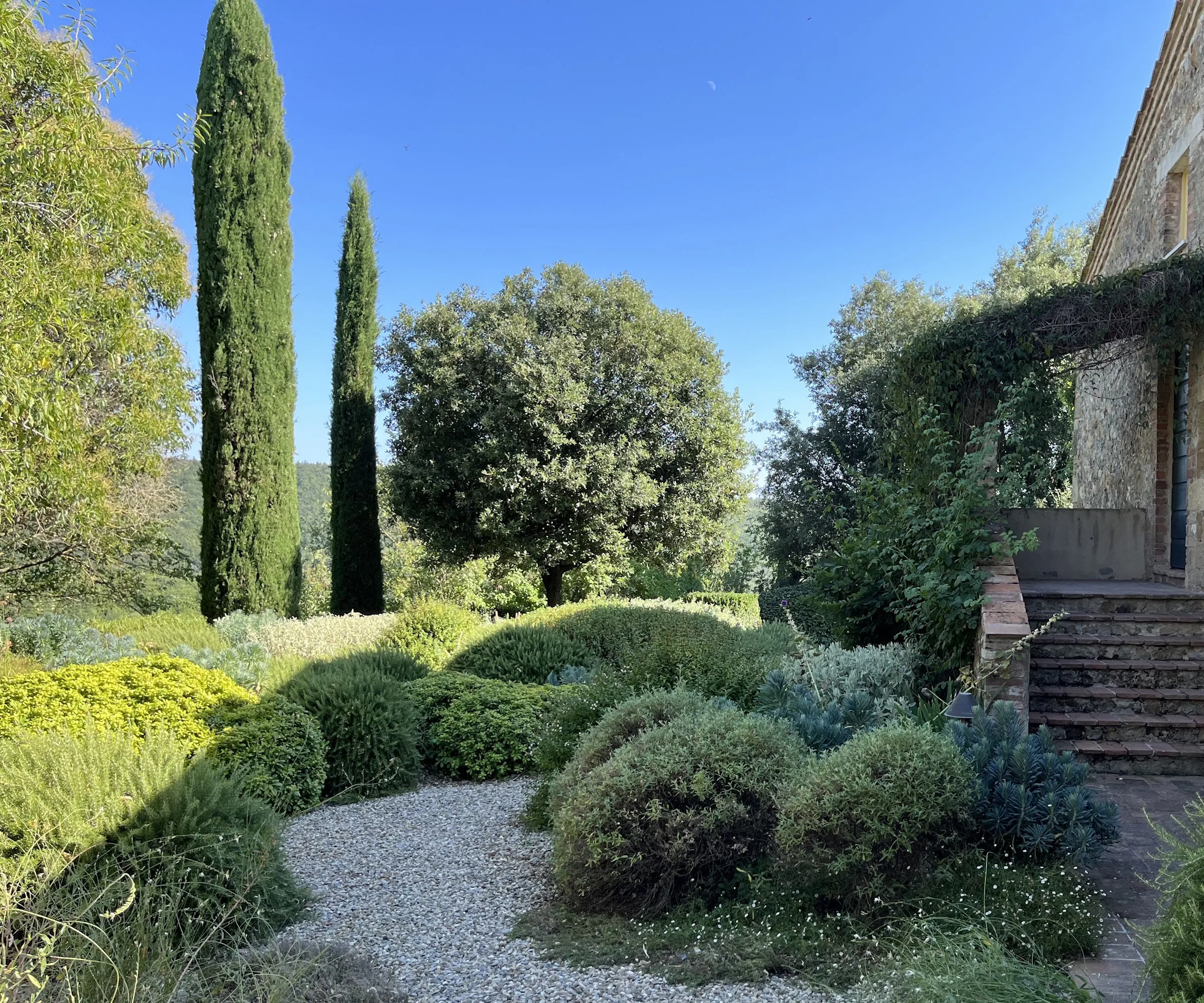 여름에는 상록수 장식 돔과 사이프러스 첨탑이 있는 토스카나 정원' loading='lazy' title=