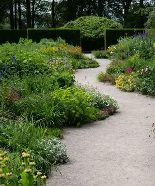 caminho sinuoso através de canteiros de flores, como o estilo usado no design de jardins georgianos National Trust