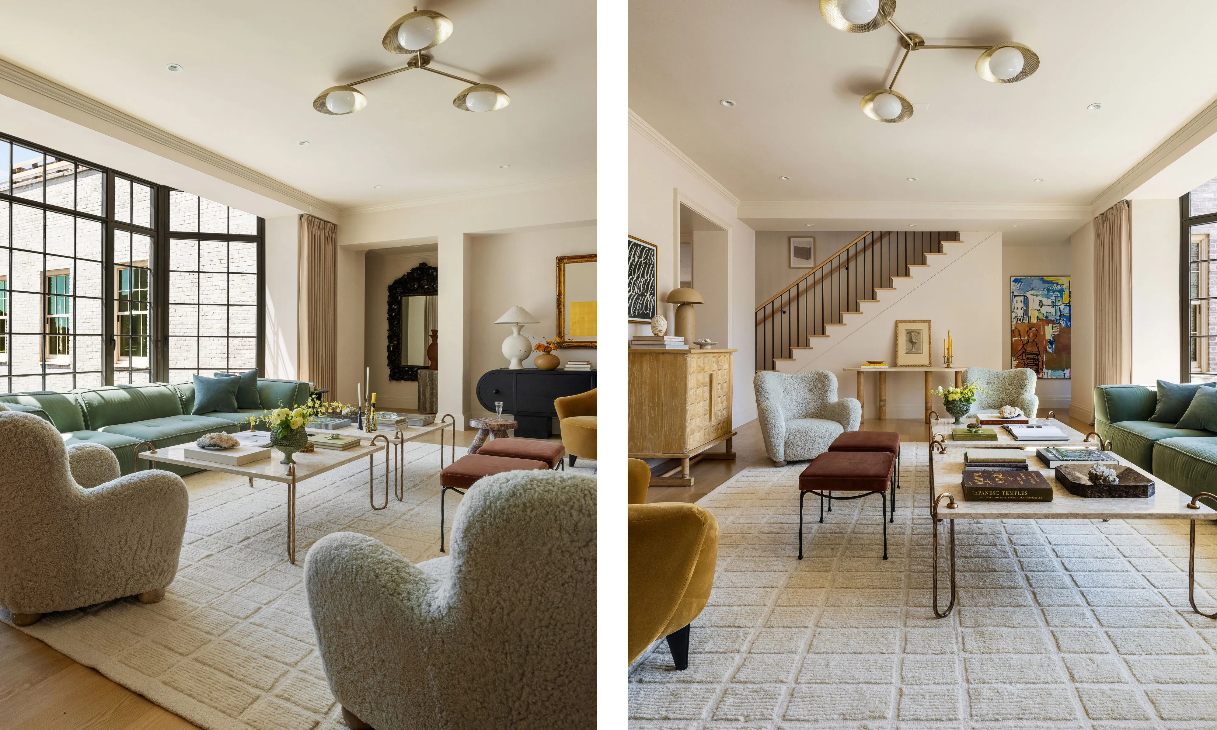 due scatti uno accanto all'altro dello stesso soggiorno da diverse angolazioni che mostrano un divano verde, un tappeto color crema e una sedia gialla' loading='lazy' title=