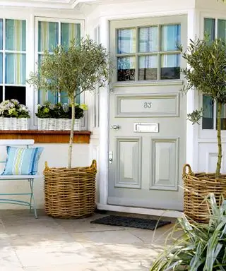 Puerta de entrada pintada de azul gris claro, persianas a rayas en la ventana, plantas en macetas a ambos lados de la puerta de entrada