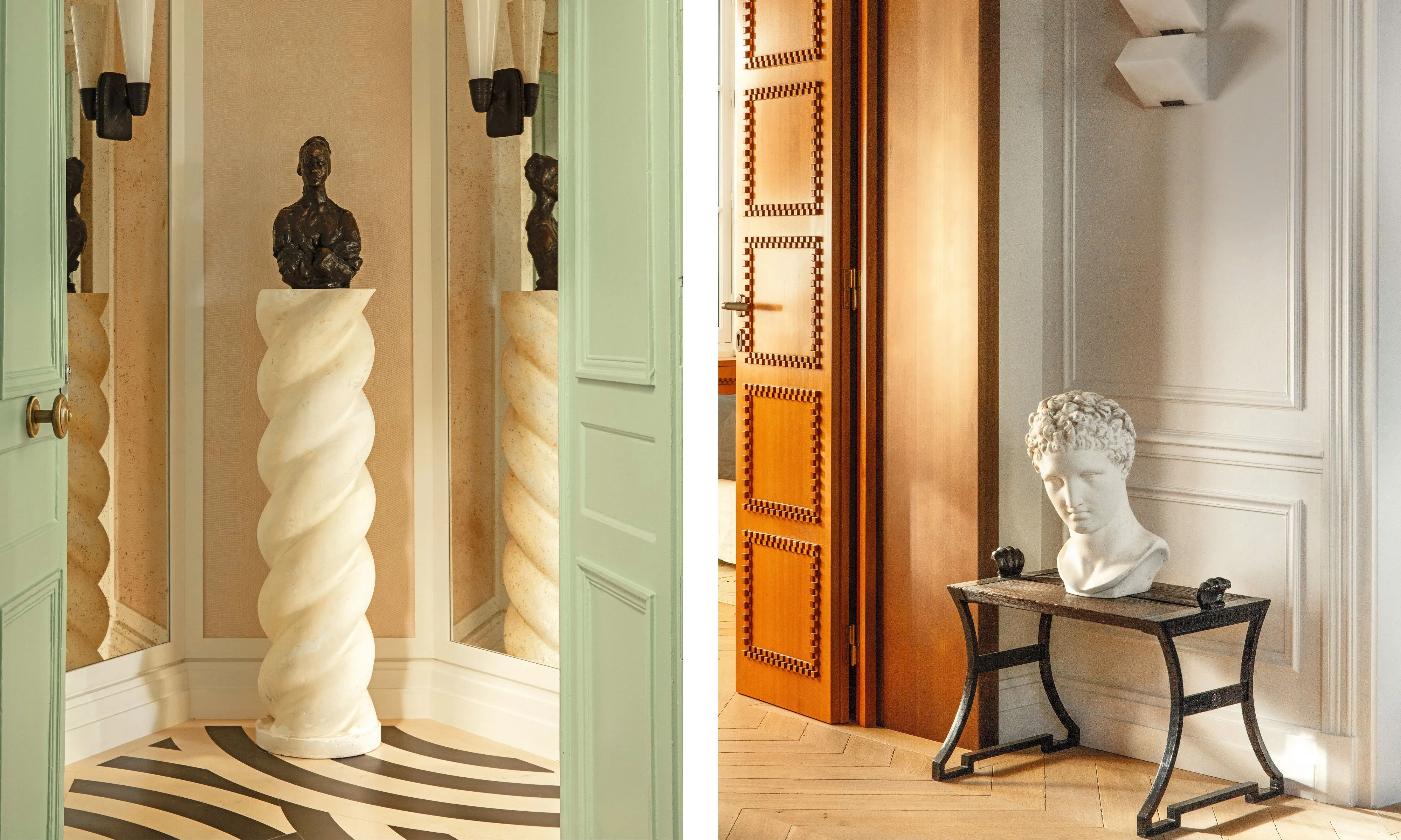 Til venstre: En dekorativ hvid spiralsokkel med en bronzebuste placeret mellem spejlede paneler og mintgrønne døre. Til højre: En klassisk hvid marmorbuste hvilende på en mørk udsmykket metalbænk i en gang med dekorative træpaneldøre.' loading='lazy' title=