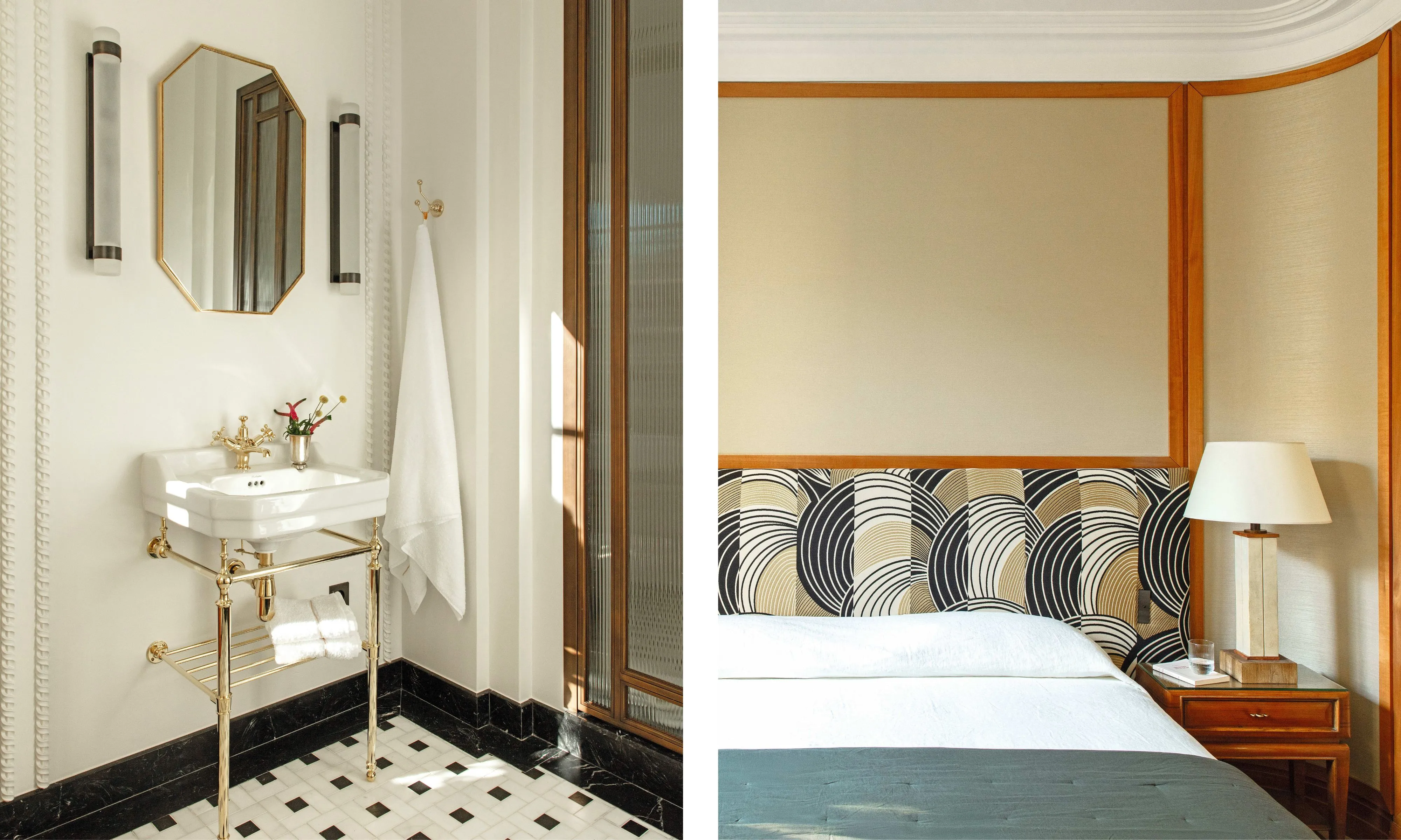 Til venstre: En klassisk piedestal håndvask med messing armaturer sat mod hvide vægge og et sort-hvidt ternet gulv.Til højre: En detaljeret visning af et soveværelse med en mønstret art deco sengegavl varm træpanel og en stenbaseret sengelampe.' loading='lazy' title=