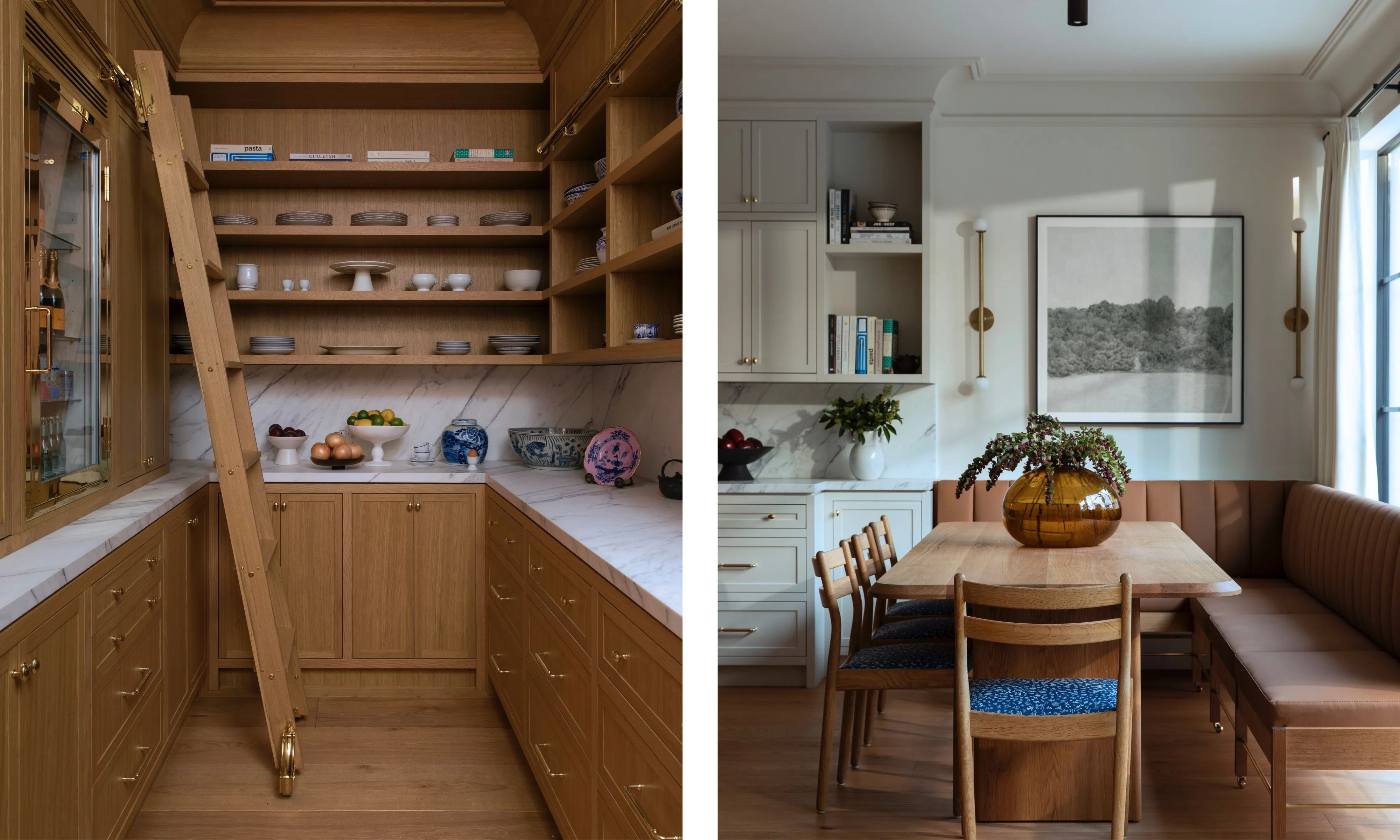 Une image en vue partagée d’un intérieur de maison de luxe. Le côté gauche montre un garde-manger de majordome avec des étagères en bois du sol au plafond, des comptoirs en marbre et une échelle de bibliothèque roulante en bois. Le côté droit comprend un coin petit-déjeuner confortable avec une banquette en cuir, une table à manger en bois et des étagères intégrées contre un mur neutre.' loading='lazy' title=