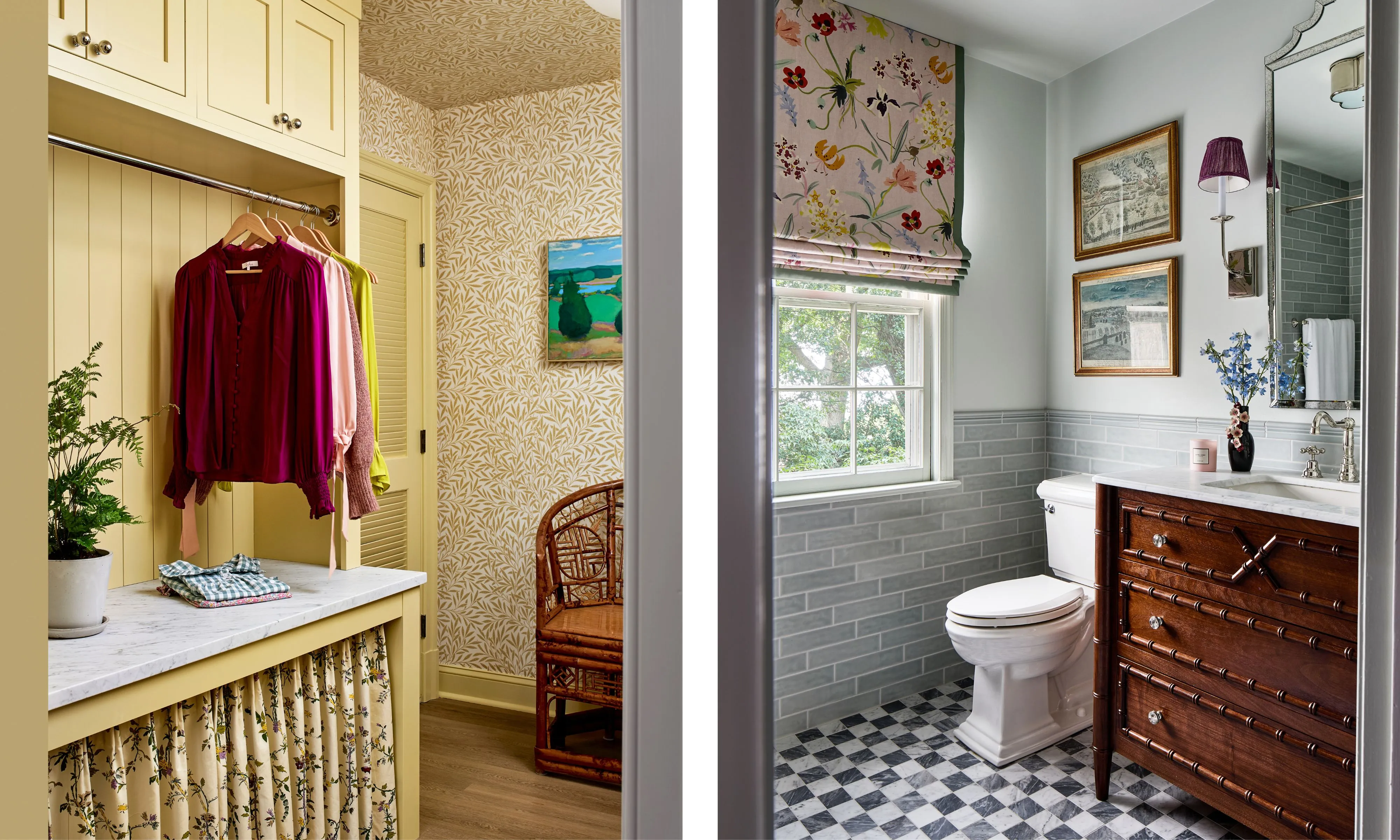 黄色に濡れたランドリールームの画像と、チェッカーボードの床を備えたゲスト用寝室の画像の隣' loading='lazy' title=