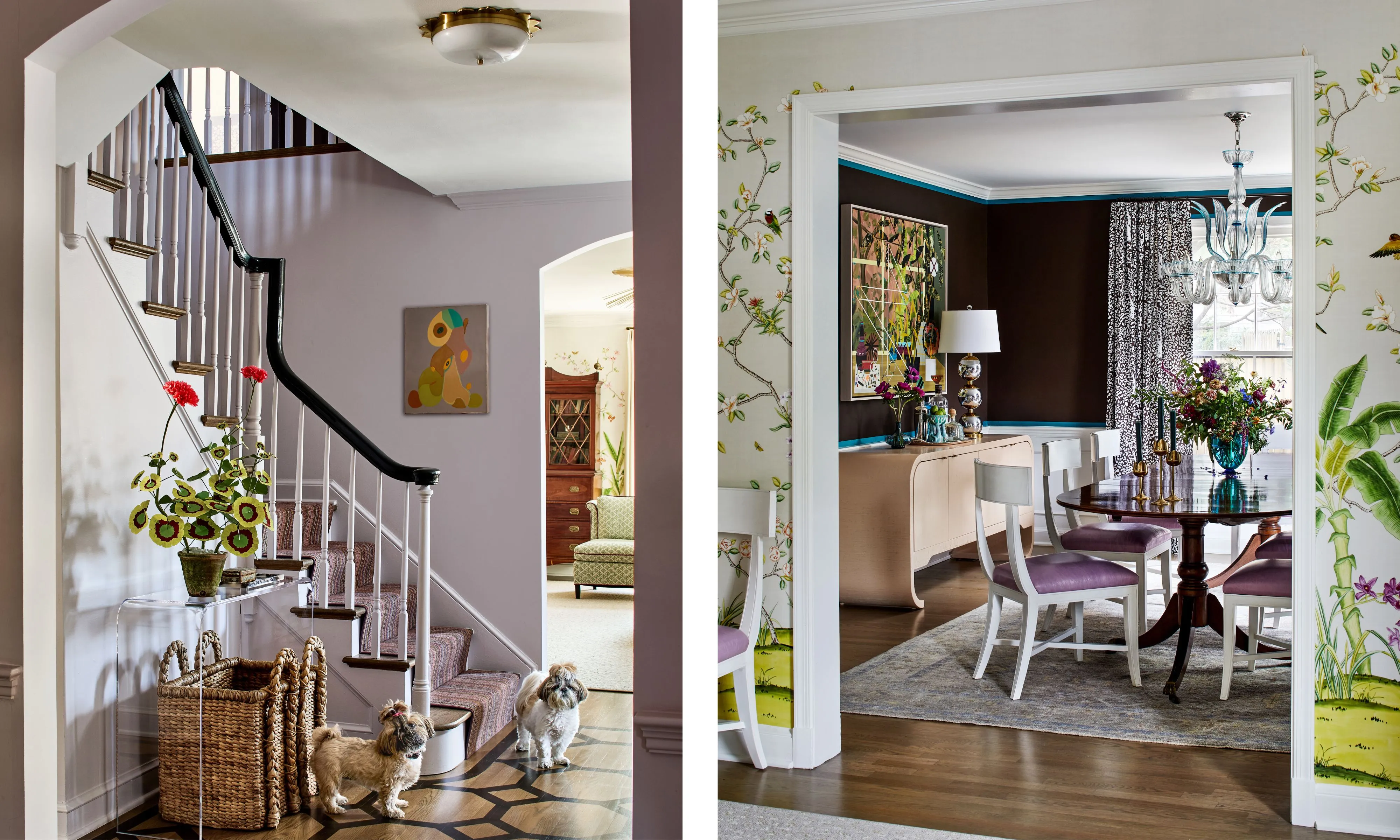 ダークプラムのダイニングルームを覗いているビネットの画像の隣に、白い階段手すりのある紫色の廊下の画像' loading='lazy' title=