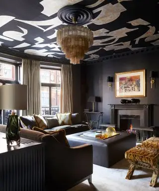 Salon sombre avec plafond à motifs