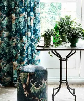 Ideia de tratamento de janela com cortinas botânicas