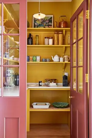 Garde-manger jaune avec boiseries intérieures en nicotine et boiseries extérieures en Silver Polish, toutes deux de Plain English