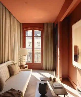 Salón pintado de terracota con cortinas beige