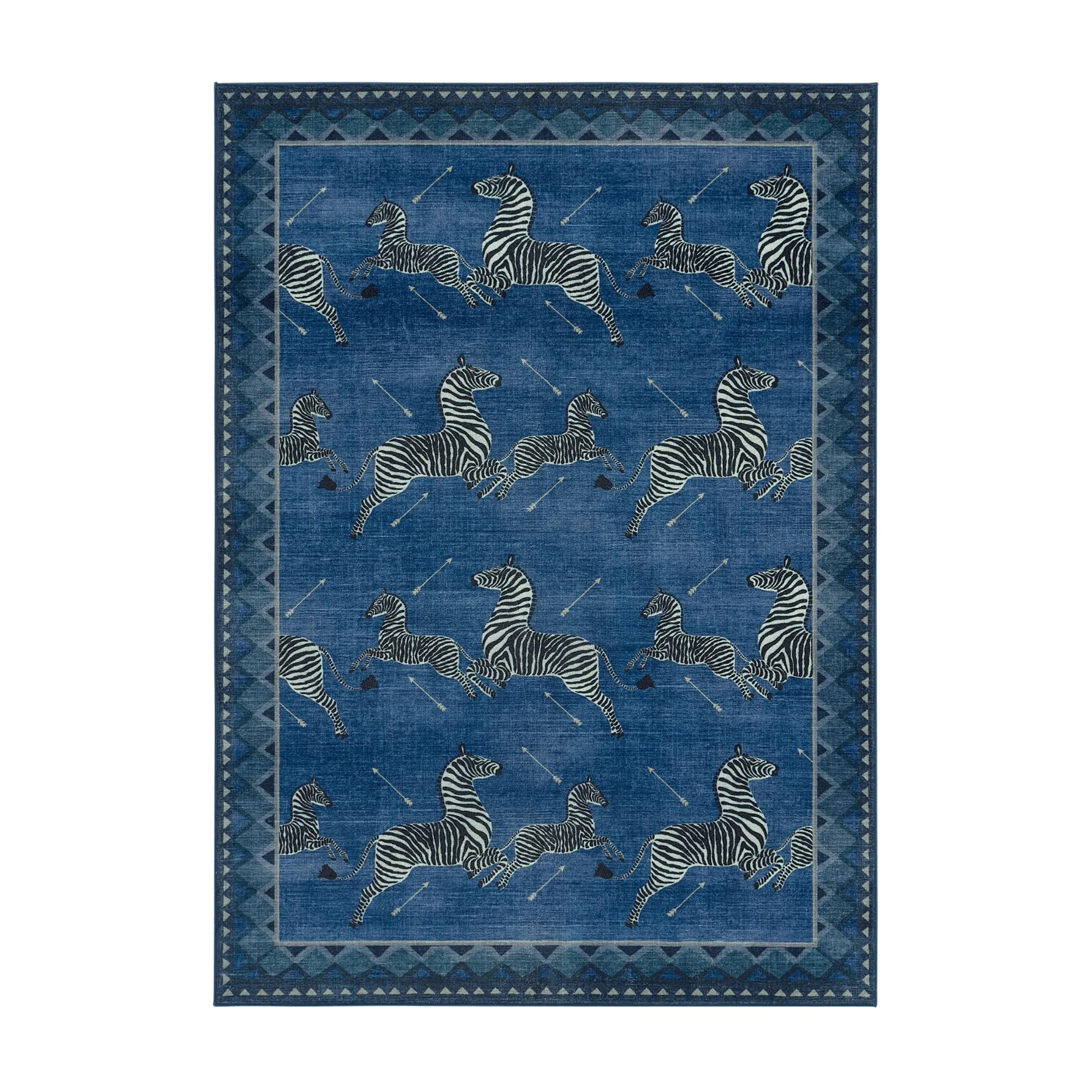 una alfombra azul y negra con cebras saltando' loading='lazy' title=