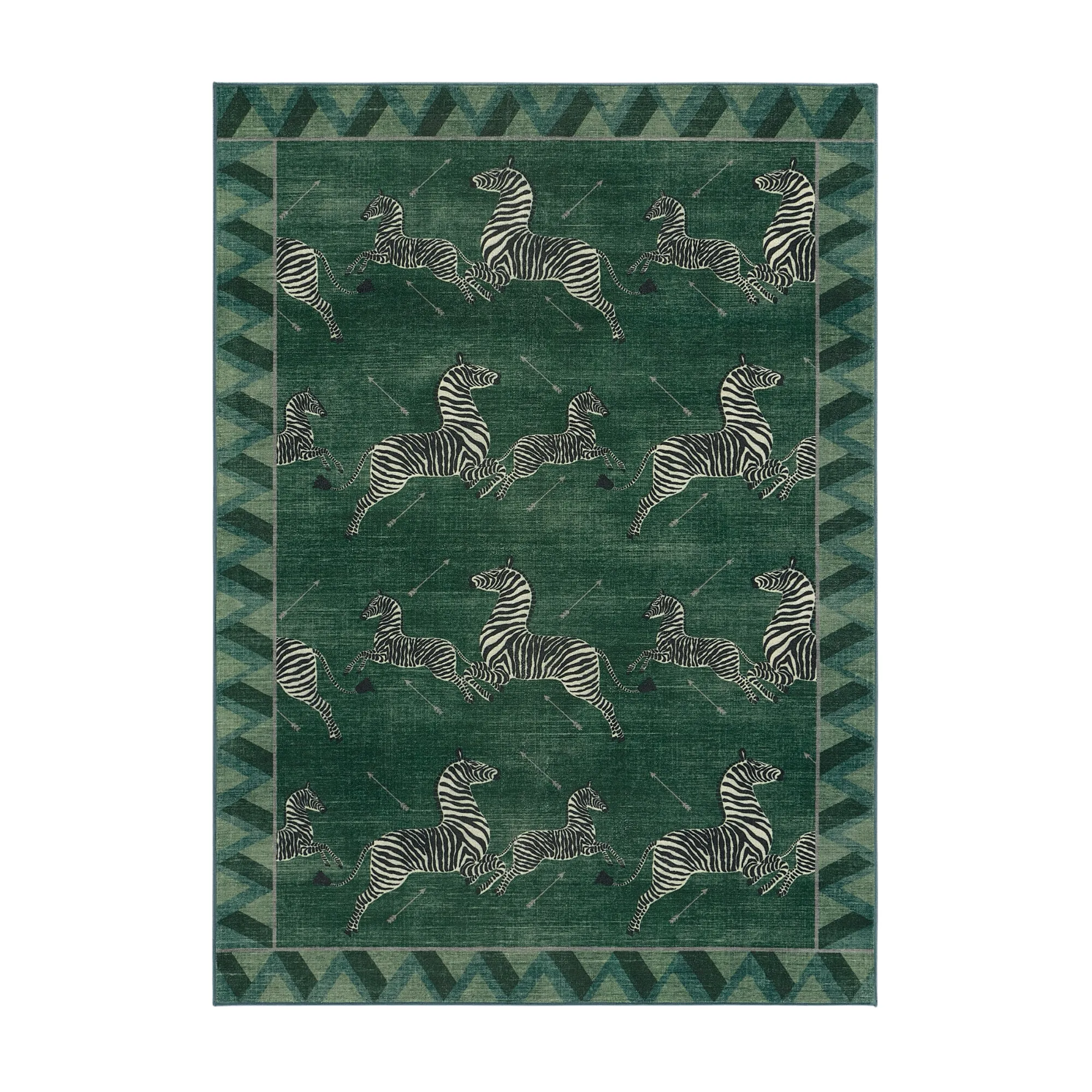 una alfombra negra y verde con cebras saltando' loading='lazy' title=