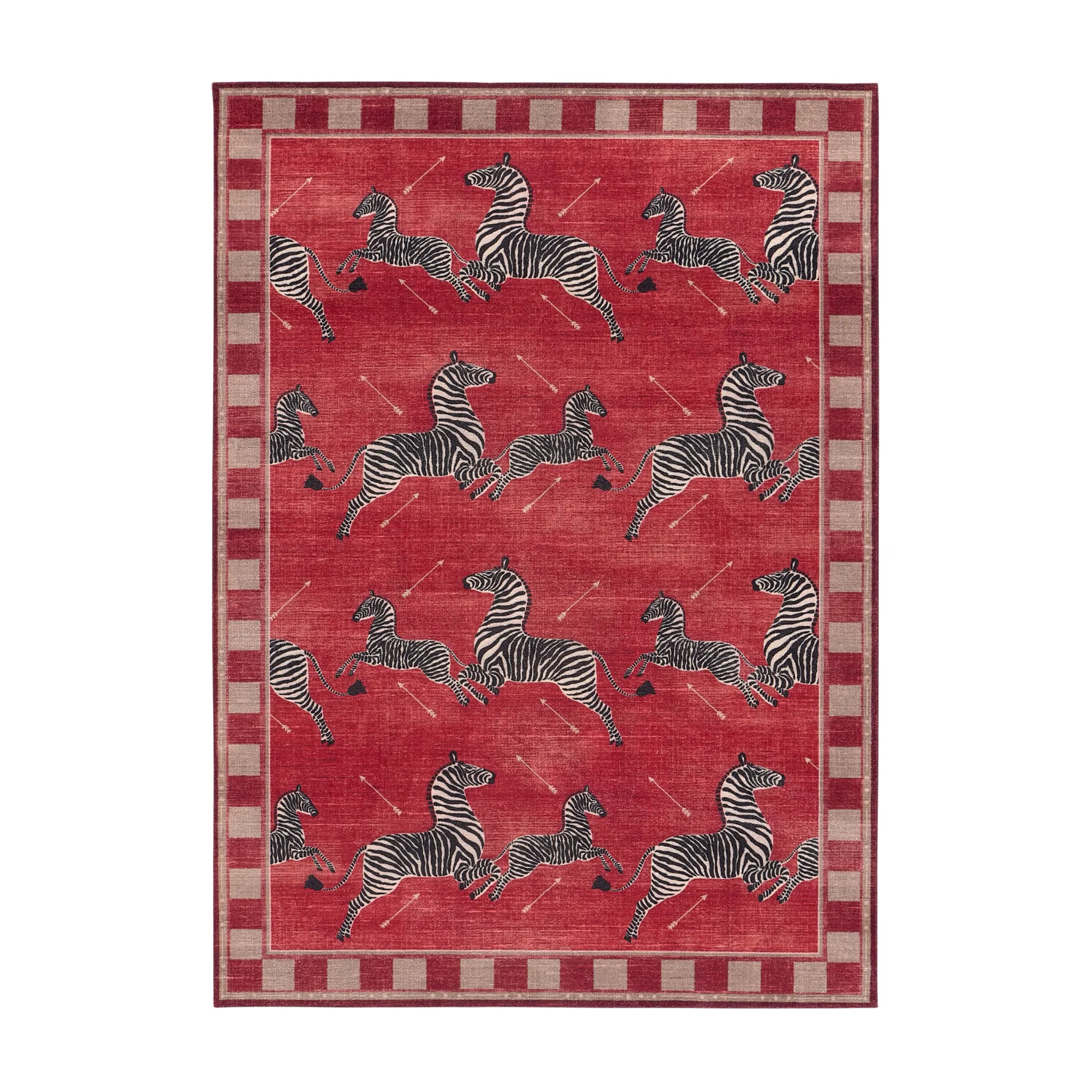 una alfombra roja y negra con cebras saltando' loading='lazy' title=